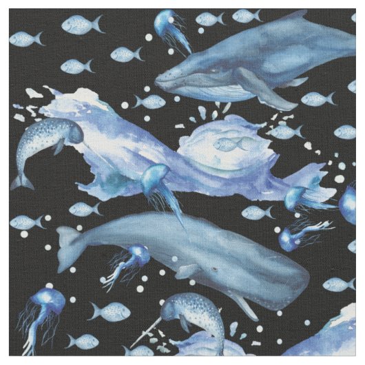 ブラック |青い水色の海海洋生物パターン ファブリック (クローズアップ)