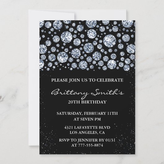 ブラック 20歳の誕生日 招待状 ダイヤモンド グリッター (正面)