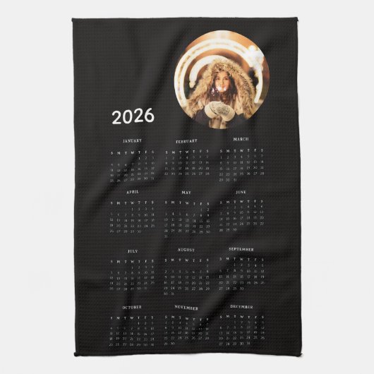 ブラック 2026年 カレンダー 円形 写真 キッチンタオル (縦)