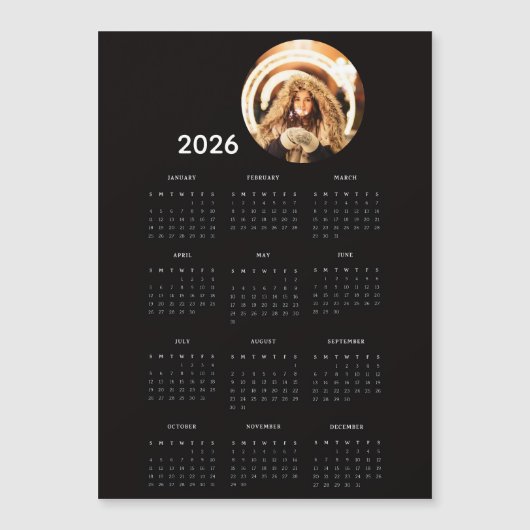 ブラック 2026年 カレンダー 円形 写真 マグネット カード (正面)