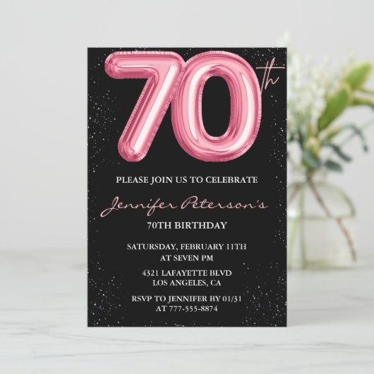 ブラック 70歳の誕生日招待状 バルーン グラム ピンク 招待状 (スタンド正面)