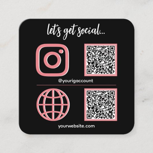 ブラック | QRコードかわいいピンクのソーシャルメディアの看板 スクエア名刺 (正面)