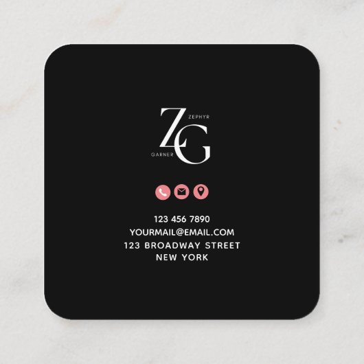 ブラック | QRコードかわいいピンクのソーシャルメディアの看板 スクエア名刺 (裏面)