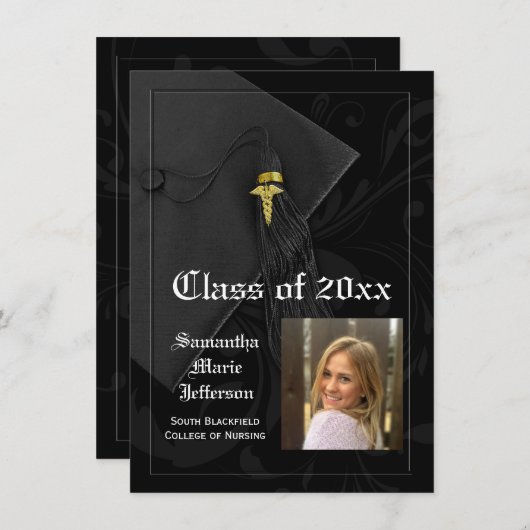 ブラックCaduceus医療または看護写真の卒業 招待状 (正面/裏面)