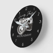 ブラックDSLRカメラフォトグラファー撮影 ラウンド壁時計 (傾斜)