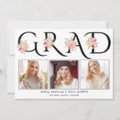 ブラックGRADタイポグラフィピンクローズ写真卒業 案内状 (正面)