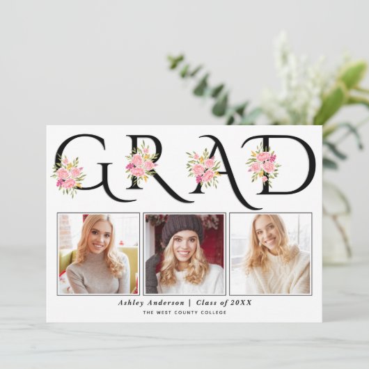 ブラックGRADタイポグラフィピンクローズ写真卒業 案内状 (スタンド正面)