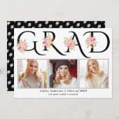 ブラックGRADタイポグラフィピンクローズ写真卒業 案内状 (正面/裏面)