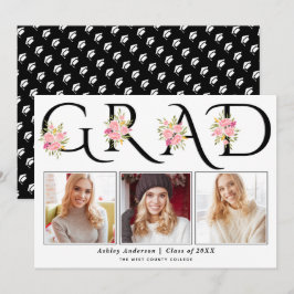 ブラックGRADタイポグラフィピンクローズ写真卒業 案内状