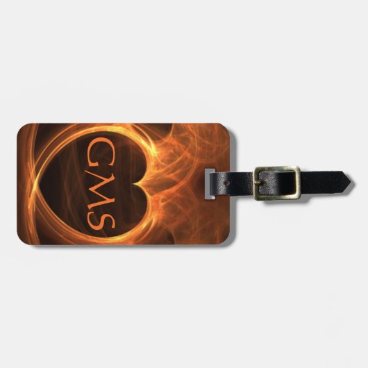 ブラックIDの上に燃えるオレンジ色のハートのアウトライン ラゲッジタグ (正面横)
