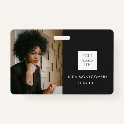 ブラックIDカード |ミニマルモダンリストの写真とロゴ バッジ (正面)