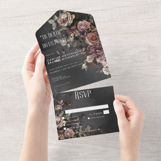 ブラックMoodyゴシックの花とミストディナーカスタム オールインワン招待状 (貼ってはがせる)