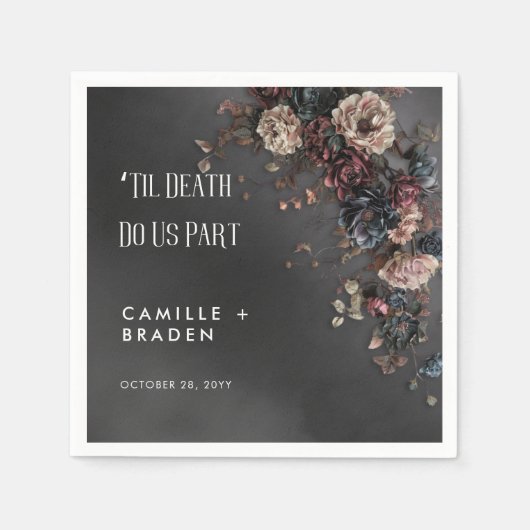 ブラックMoody Gothicの花とミスト結婚ーズ スタンダードカクテルナプキン (正面)