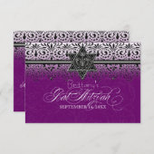 ブラックnホワイトレースルックシルバーバルミツワー招待状 出欠カード (正面/裏面)