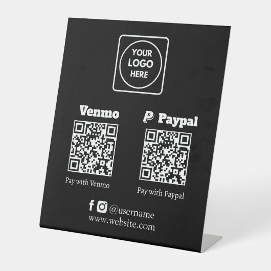ブラックQRコード決済 | Venmo PayPal カスタムロゴ 台座サイン (正面)