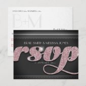 ブラックRSVPはがきスタイリッシュにピンクの輝き インビテーションポストカード (正面/裏面)