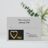 ブラックRSVP上のハートと金ゴールドのモダンリングや輪 出欠カード (スタンド正面)