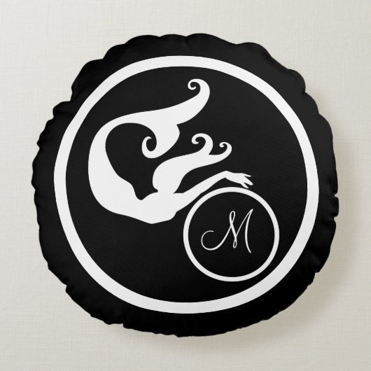 ブラックw/モノグラムイニシャルホワイトマーメイド航海の ラウンドクッション (正面)