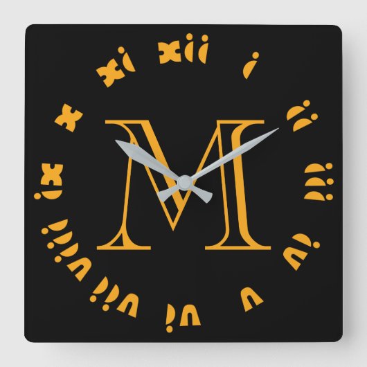 ブラックWccnt上のモノグラムオレンジの脂肪ローマ数字 スクエア壁時計 (正面)