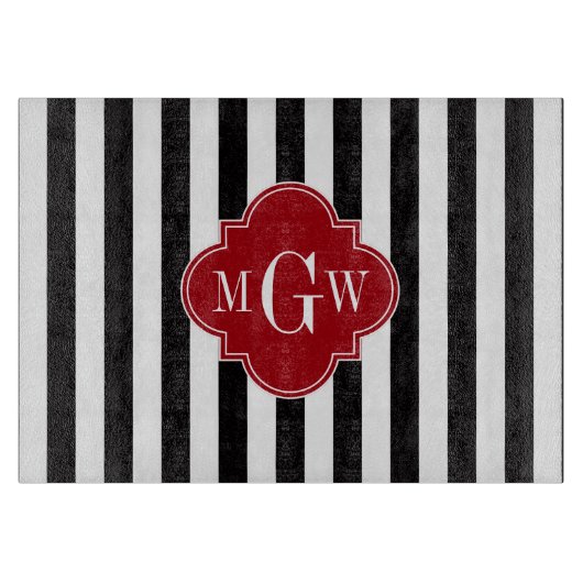 ブラックWhtストライプクランベリーレッドスクエア3モノグラム カッティングボード (正面)