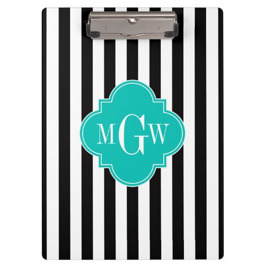 ブラックWhtストライプティール（緑がかった色）クローバー3モノグラム クリップボード (正面)