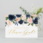 ブラッシュとネイビーの花でフラワーガールに 箔招待状 (立ち正面)
