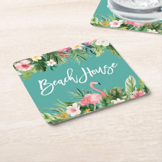 ブラッシュスクモダンリトロピカルフローラビーチハウス スクエアペーパーコースター (アングル)