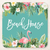 ブラッシュスクモダンリトロピカルフローラビーチハウス スクエアペーパーコースター (正面)