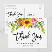 ブラッシュスクリプトひまわり花のウェディング感謝メッセージ ポストカード (正面/裏面)