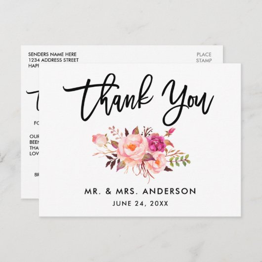 ブラッシュスクリプト ウェディング ピンク フローラル サンクス ポストカード (正面/裏面)