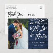 ブラッシュスクリプト ラスティックブルー ウッド ラブ サンクス ウェディング ポストカード (正面/裏面)