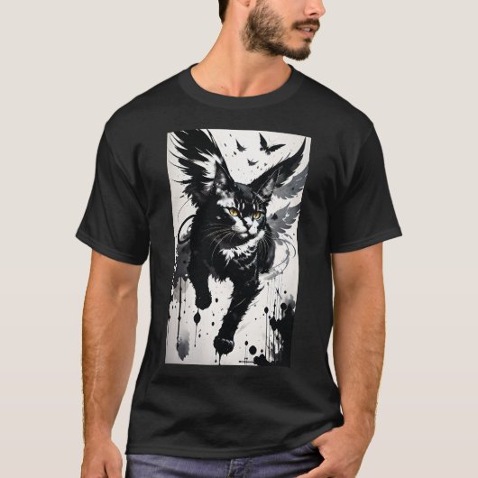 ブラッシュストロークの翼のある猫 Tシャツ (正面)