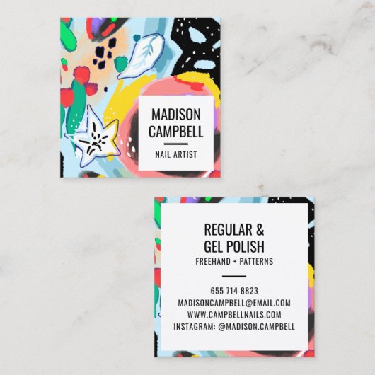 ブラッシュストロークアートネイルアーティストサロン抽象芸術フローラ スクエア名刺 (正面/裏面)