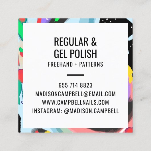 ブラッシュストロークアートネイルアーティストサロン抽象芸術フローラ スクエア名刺 (裏面)