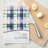 ブラッシュストロークネイビーブルー名門私立校風のプレイド名前をカスタムする キッチンタオル