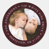 ブラッシュドBurgundy Plaidフォト差出人住所ラベル ラウンドシール (正面)