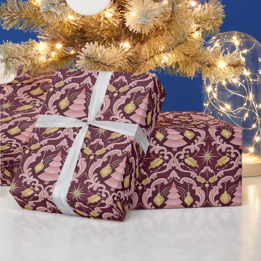 ブラッシュピンクとバーガンディのバロック クリスマスパターン ラッピングペーパー (クリスマス)