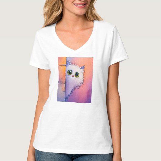 ブラッシュピンクの子猫の幻想的な水彩画 Tシャツ (正面)