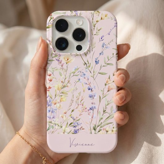 ブラッシュピンクの水彩花柄 iPhoneケース