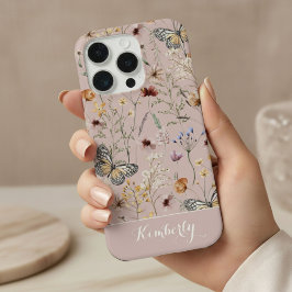 ブラッシュピンクの水彩野の花パターンネーム iPhone 15 PROケース
