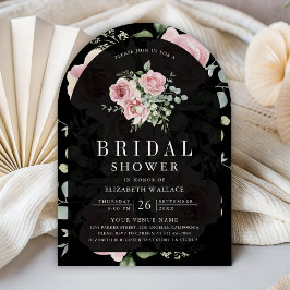 ブラッシュピンクの花とユーカリ ブラックの結婚式前夜祭 招待状