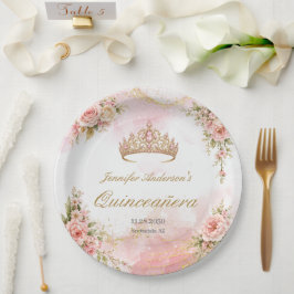 ブラッシュピンクの花の金色のQuinceañera  ペーパープレート