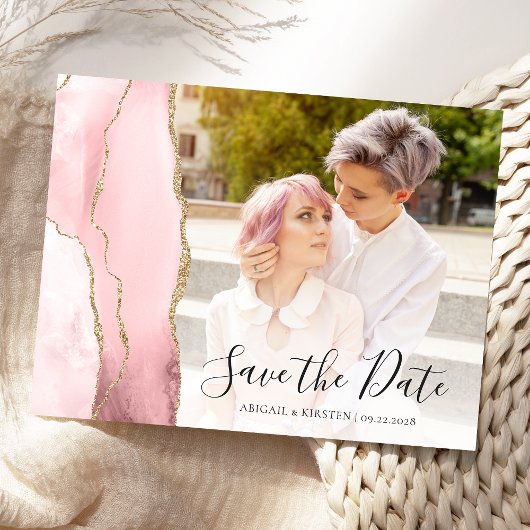 ブラッシュピンク ゴールド アゲート 写真付き Save the Date ポストカード