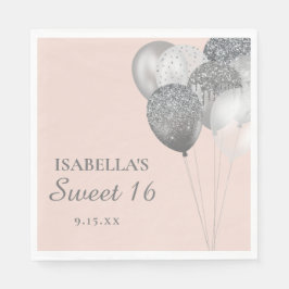ブラッシュピンク シルバーグリッターバルーン Sweet16 スタンダードランチョンナプキン