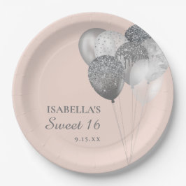 ブラッシュピンク シルバーグリッターバルーン Sweet16 ペーパープレート