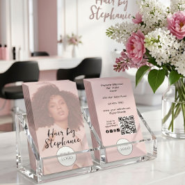 ブラッシュピンク スクリプト ロゴ QRコード 写真 ヘアサロン 名刺