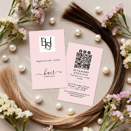 ブラッシュピンク スクリプト ロゴ QR ソーシャル ヘアエクステンション 名刺