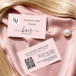 ブラッシュピンク スクリプト ロゴ QR ソーシャル ヘアエクステンション 名刺