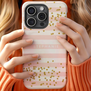 ブラッシュピンク ストライプ ゴールドラメ コンフェティ モノグラム iPhone 15ケース