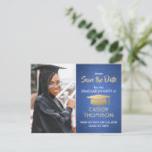 ブラッシュブルー&金ゴールド卒業写真デートの保存 ポストカード (スタンド正面)